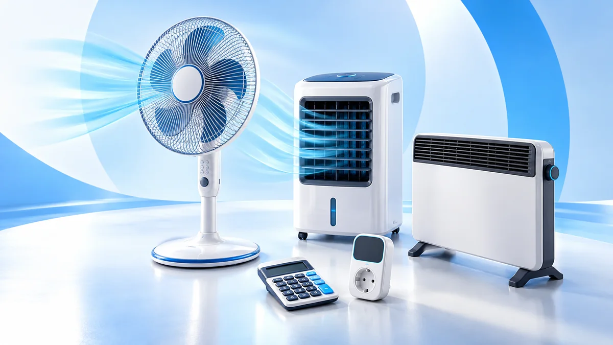 Ventilador de coluna, climatizador evaporativo e aquecedor em uma composição azul e branca.